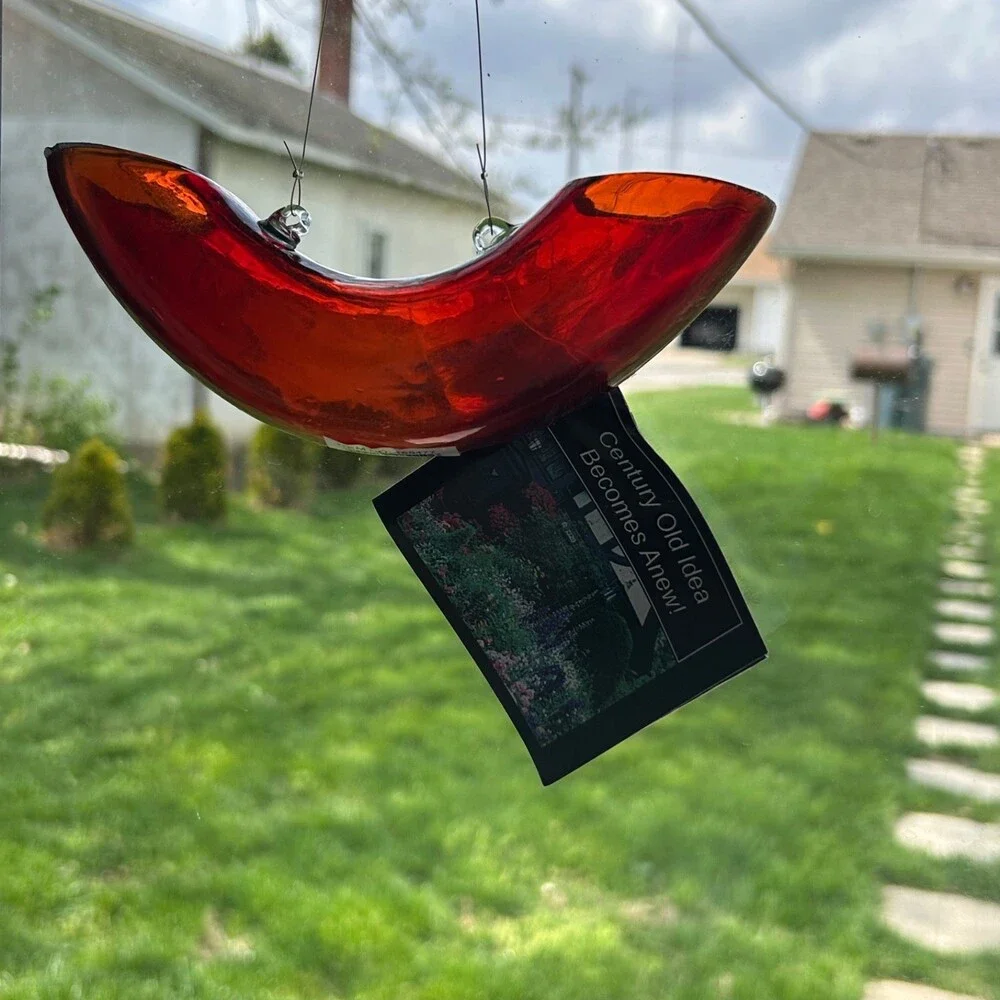 Handmade Red Glass Hummingbird Bird Feeder Original Unique Shape Round Tube